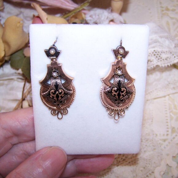 Antique 14K Gold Taille D'Epergne Enamel Pearl Dangle Earrings - Hook Findings - Picture 4 of 10